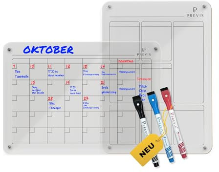 Previs 2X Acryl Wochenplaner + Monatsplaner Abwischbar für Kühlschrank A4 mit 3 Boardmarkern - 2X Acrylic Magnetic Transparent Calendars for Fridge - Familienplaner Abwischbar