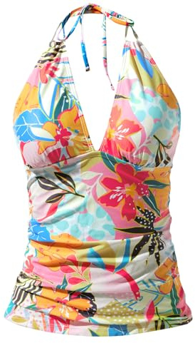 Yonique Women's Halter Tankini Top No Bottom V Neck Swim Top Tummy Control Bathing Suit Top Pink Flower M