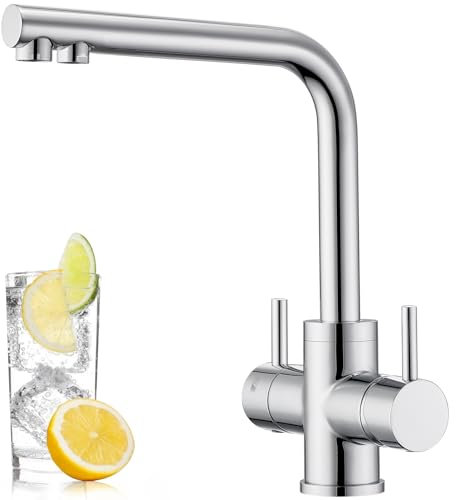 CREA 4 Wege Wasserhahn Küche, Küchenarmatur mit Sodawasser, 360° Drehbar Vier Wege Mischbatterie Küche, 4 Wege Armatur Küche mit 2 Hebel, Chrom