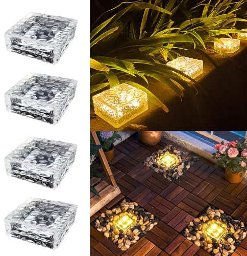 HIQE-FL Solar Pflastersteine Außenleuchte,4Pcs Solarsteine für Außen Garten Wasserfest,10X10X5cm,LED Solar Bodenleuchten Solarlampen Außen,Dekoration Lichter für Garten,Balkon,Pfad