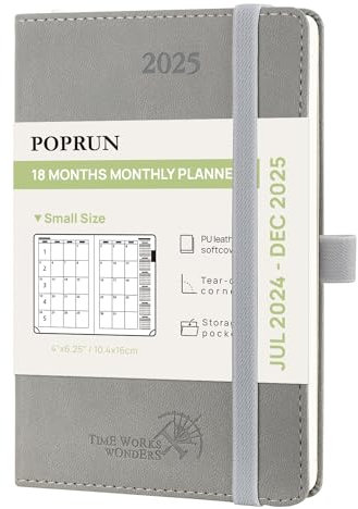POPRUN Kalender 2025 Monatsplaner A6 (Jul.2024 - Dez.2025) - 18 Monate Monatskalender Softcover 16 x 10,5 cm - 1 Monat 4 Seiten, mit PU-Leder, 100 GSM Papier - Grau