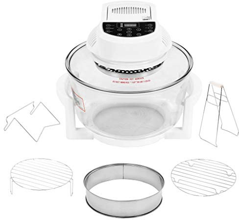 Gecheer Halogen Heißluftofen 39 x 39 x 27 cm (L x B x H) mit Verlängerungsring Digitalem Timer Halogenoven Heißluftfritteuse Ofen Grill Halogenofen Backofen 1400W 17L Glas + Kunststoff