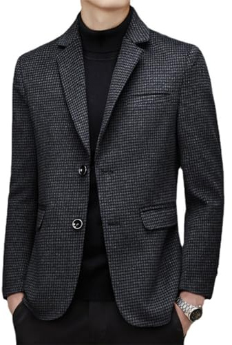ZYTECO Blazer À Carreaux Pour Hommes Mélange De Laine Décontracté Coupe Ajustée Revers Deux Boutons Veste De Costume Chaude Tweed Manteaux De Sport, Black, XL