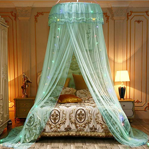 Eleganter runder Kuppel-Betthimmel, Prinzessinnen-Betthimmel mit LED-Licht, Himmelbettvorhänge, Moskitonetz für Bett (grün)