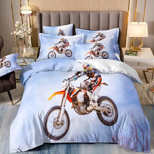 ZZTBQ Motorrad Moto-Cross Bettwäsche Set 155x220 Kinder Bettwäsche Set Motorrad Sport Lokomotive Motocross Extremsport Thema Bettbezug und Kissenbezug für Kinder Jungen Mädchen Jugend Schlafzimmer