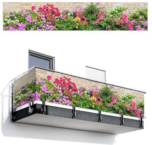 MuchoWow© Balkonsichtschutz Einseitig 100x500 cm Groß PVC Terrassen Garten ohne Bohren Wetterfest Balcony Privacy Screen Zaun Terrasse Balkondeko Garden Blumen - Farbenfroh - Steinoptik