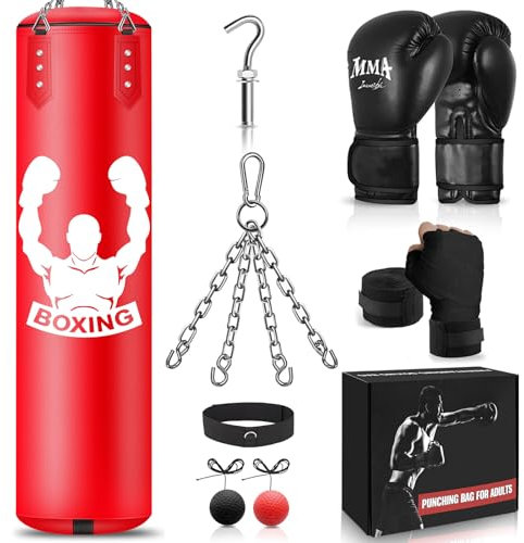 NZQXJXZ Sac de Frappe, Sac de Boxe Suspendu de 120cm, Équipement d'Entraînement de Boxe avec Sac de Frappe Non-Rempli, Balle Réflexe, Gants MMA, Bracelet, Set de Boxe pour Karaté Kickboxing Muay Thai