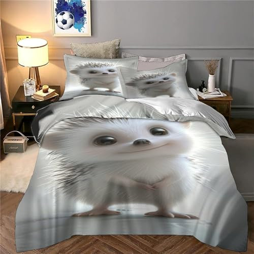 XJmoney 3D-Bettwäsche-Set mit Igel-Motiv, 3-teilig, Bettbezug, weiche Mikrofaser, Bettwäscheset für Jugendliche und Erwachsene, Einzelbett (135 x 200 cm)