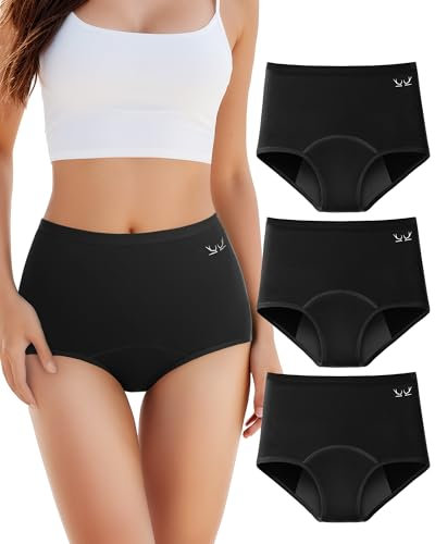 TANSTC Periodenunterschwäsche Starke Blutung 60ML Unterhosen Damen Baumwolle Perioden Unterwäsche Frauen Mädchen Slip Panties Menstruationsunterwäsche Waschbare Auslaufsicher, Schwarz 3er Pack L