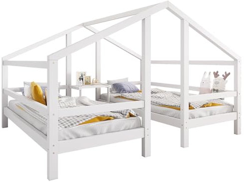 xixiworkshop Hausbett für 2 Kinder Zwei Einzelbetten unter einem Dach im Hausbettdesign mit Nachttisch und Lattenrost Jugendbett mit Rausfallschutz Weiß, 90×200cm