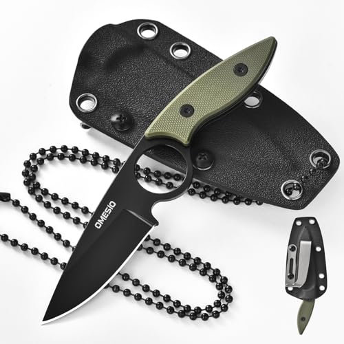 Omesio S-Sy Cuchillo De Cuello Hoja Drop-Point 6cm, Acero 5cr13mov Mini Cuchillo De Cuello, Mango G10 Full Tang Con Vaina Kydex Cadena De Cuello Y Clip Hoja Fija Pequeña, Adecuado Para Camping Y Sende