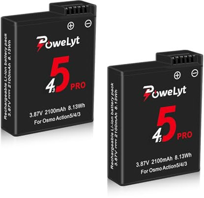 PoweLyt 2-Pack Osmo Action 5 Pro/4/3 Akkus 2100mAh Kapazität Osmo Action 5 Pro Akku unterstützt bis zu 240 Minuten Akkulaufzeit Kompatibel mit DJI Osmo Action 5 Pro,Osmo Action 4,Osmo Action 3