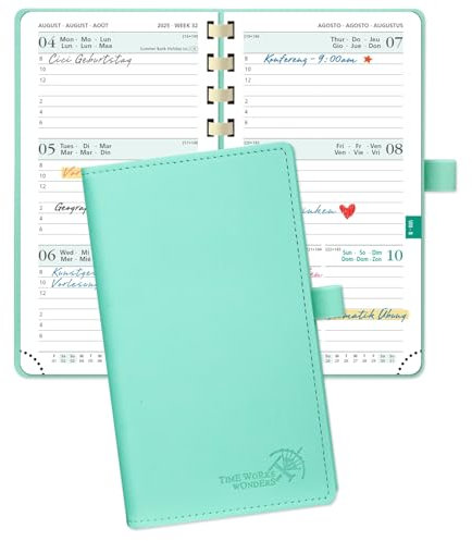 POPRUN Taschenkalender 2025 2026 Klein 16,5 x 9 cm (Aug.2025-Dez.2026) - Kalender 2025 2026 Klein Ringbuch mit Softcover - Terminplaner, Planer 1 Woche 2 Seite mit Kartenschlitz - Mintgrün