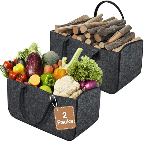 Kuro sagol Filztasche Groß Set aus 2 langlebigen Filzkorb Filztaschen ideal für Holzkorb Kaminholzkorb Einkaufstasche vielseitig, 30L Vol. (Schwarz)