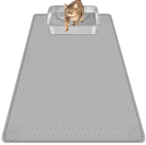 Bartuke Tapis Litiere Chat, Tapis de Litière pour Chat en Silicone Extra Grande 40 x 28 Doux pour Les Pattes du Chat, Facile à Nettoyer (Gris)