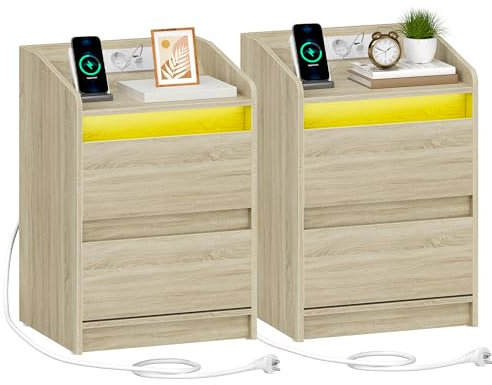 Hzuaneri Nachttische 2er Set mit LED-Lichtern, Ladestation und 2 Schubladen, Beistelltisch mit USB-Anschlüssen & Steckdosen, Stilvoll und vielseitig, für Wohnzimmer und Schlafzimmer, Eiche NS30116X