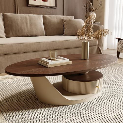 Qiydia Mid-Century Modern Couchtisch für Wohnzimmer, Ovaler Mitteltisch mit Massivholzplatte, Sofa Beistelltisch mit Schublade, Akzent-cocktailtisch für Home Office(120x60x40cm(47x24x16in), Apricot)