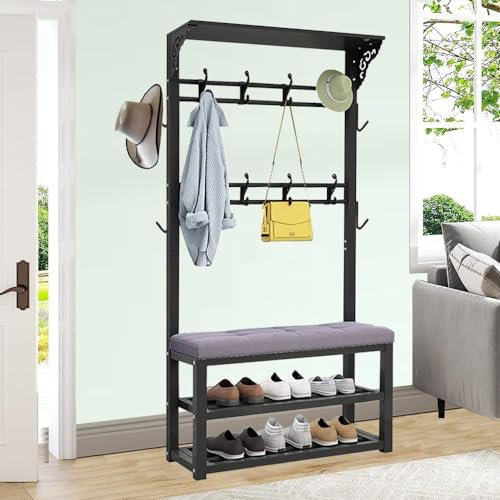 Industrielle Garderobe mit Schuhablagebank – 12 Haken und Kissen, stilvoller Metallständer für den Eingangsbereich, Flur-Organizer für die Dekoration von Zuhause und Wohnzimmer