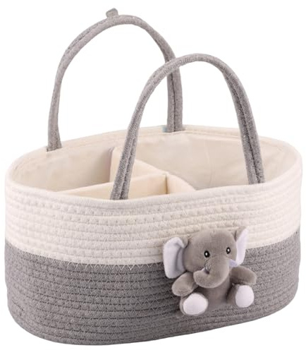 Nappy Caddy Organiser Soft Cotton Rope Baby Diaper Caddy Basket 33.5x23x18cm Cute Portable Tote Bag for Newborn Essentials Boy or Girl, Baby Shower Basket Gift with Sturdy Handle(Gray)