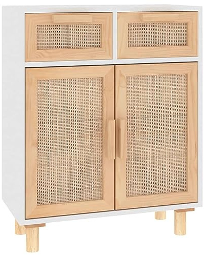Tomostar Buffet, Meuble de Rangement Armoire de Cuisine Blanc 60x30x75 cm Bois de pin Massif et rotin Naturel
