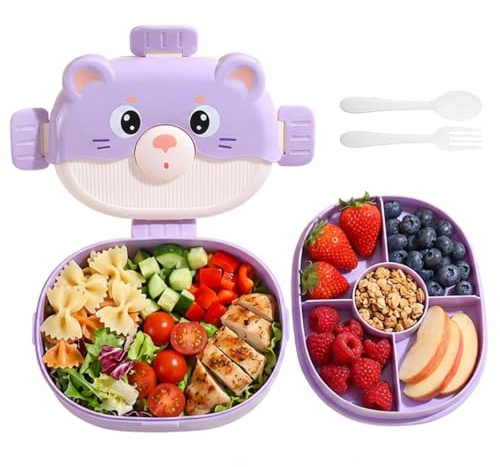 Rosqmor Fiambrera Compartimentada 1350 ml, Bento Box Hermética con Cubiertos y Recipiente para Salsa, Lunch Box de 6 Compartimentos para Escuela, Oficina, Viajes y Picnic, Apta para Microondas