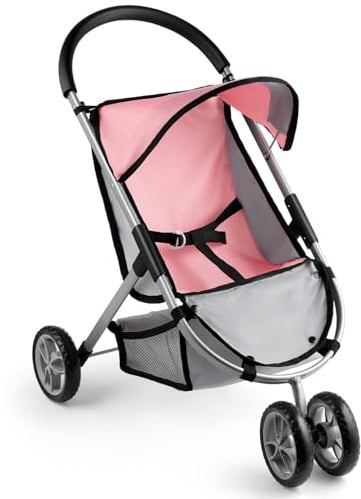 GAGAKU Baby Doll Pram with Canopy & Storage Basket, Lightweight Dolls’ Pushchair Buggy with Twin Front Wheels, Pretend Play Stroller for Kids Age 3+, Pink/Grey
