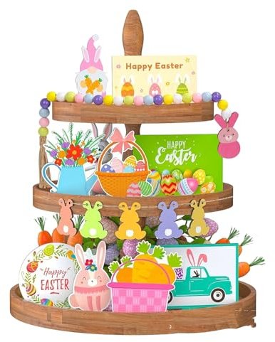 14 Pcs Wooden Easter Tiered Tray Decorations Set Easter Elements Table Centerpieces for Desktop Home Holiday Spring Decor (Multi-Color, 14 Pcs)