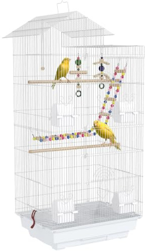 PawHut Cage à Oiseaux 46x36x100cm 4 Mangeoires Cage pour Perruche Blanc | 3 Perchoirs, pour Calopsitte, Conure, Pinson, Canaris