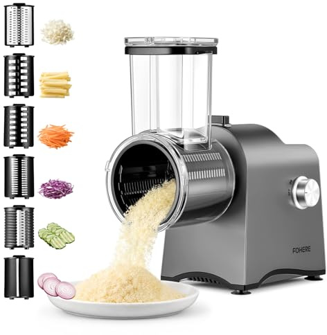 FOHERE Grattugia Formaggio Elettrica 250W Motore DC, Tagliaverdure | Elettrico 6-in-1, Affettaverdure Professionale con Bocca Larga per Formaggio in frutta, patate, cetrioli, formaggio