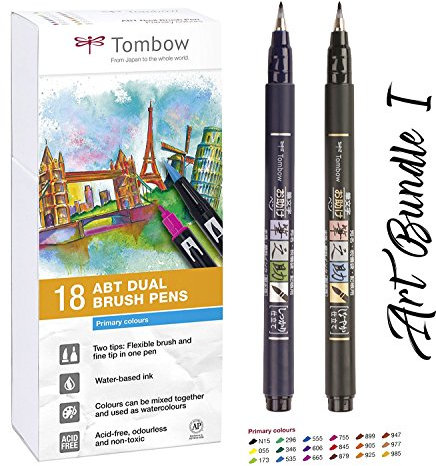 Tombow 18 Fasermaler (Primärfarben) Dual Brush Pen mit Zwei Spitzen + Fudenosuke Brush Pen hart + weich | Aquarellierbar, auf Wasserbasis, ungiftig, säurefrei und geruchlos