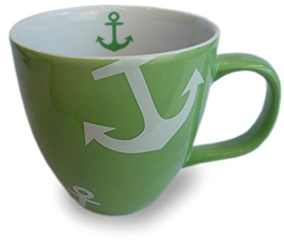 Unbekannt Maritimer Kaffeebecher aus Keramik Grün mit weißem Anker 400ml (Grün)