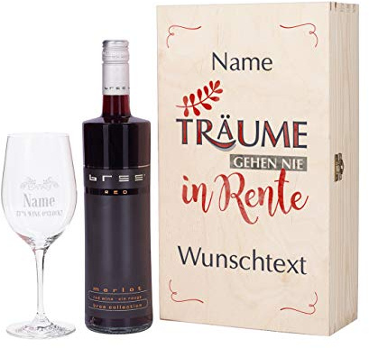 Herz & Heim® Geschenkset zur Rente mit BREE Wein zur Auswahl und Leonardo Weinglas mit persönlicher Gravur Rot