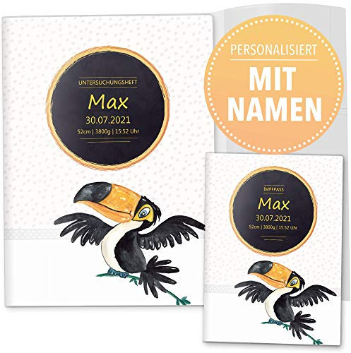 OLGS Hülle für U-Heft + Impfpass 3-teiliges Set Safari Tour Tier | Untersuchungshefthülle & Impfpasshülle, schöne Geschnkidee mit Namen (U-Heft Set 3-teilig personalisiert, Toucan)