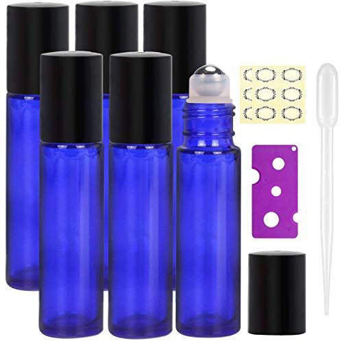 Yalbdopo Bouteilles à Rouleau en Huile Essentielle - 6 pièces, 10 ML de Verre Rechargeable en Verre Bleu Cobalt sur des Bouteilles à Couvercle Noir, de