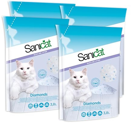 Sanicat - Saugfähige Katzentoilette mit Kieselgelperlen - parfümfrei | feines, Flauschiges Granulat mit hoher Saugfähigkeit und Geruchskontrolle | Füllmenge 4 x 3,8 L