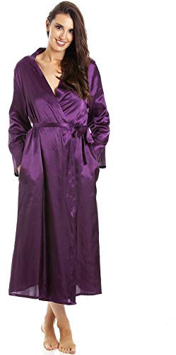 Camille Womens Luxury Long Satin Wrap - Ladies Lightweight & Breathable Summer Nightwear with Tie Belt Fastening Deep Purple 10-12