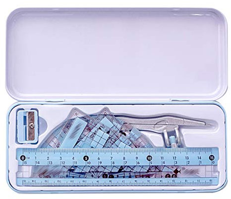MEGAUK Geometrie Set mit Zirkel Mathematik-Set Schreibwaren-Set für Kinder Schule Uni, gerades Lineal Stellwinkel Dreieck Winkelmesser in stabiler Metallbox 10 tlg. (Blau)