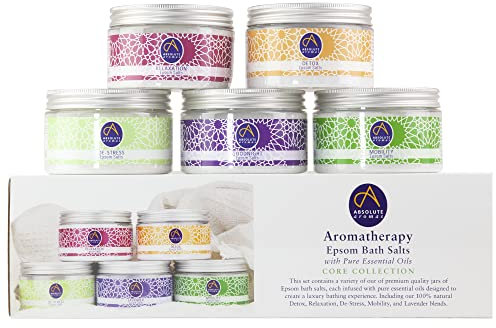 Absolute Aromas Epsom Bath Salts Bundle Gift Set – 5 x 300g of De-Stress, Detox, Lavender, Mobility and Relaxation Bath Salts - Magnesium Sulphate Infused with 100% Pure Essential Oils