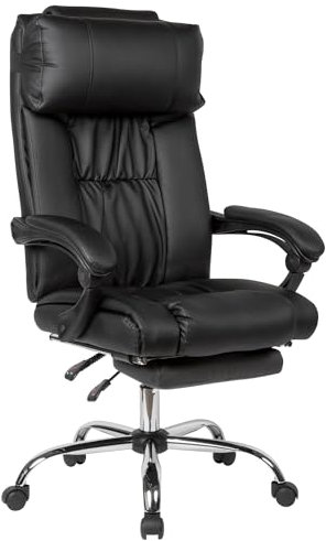 AMSTYLE Schreibtischstuhl Bezug Kunstleder Schwarz Arbeitsstuhl bis 110 kg, Bequemer Büro-Drehsessel mit ausziehbarer Fußstütze
