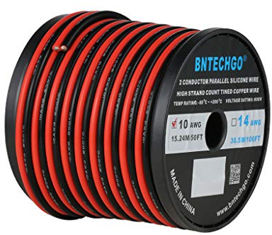 BNTECHGO 10 Gauge Flexible 2 Conductor Parallel Silicone Wire Spool Red Black High Resistant 200 deg C 600V for Single Color LED Strip Extension Cable Cord,Model,50ft Stranded Tinned Copper Wire