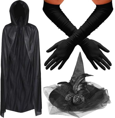 REDSTAR FANCY DRESS 3pc Womens Witch Costume Halloween Accessories Adult - Black Hooded Cloak, Long Black Gloves and Lace Witch Hat Halloween Costumes for Women World Book Day Outfits