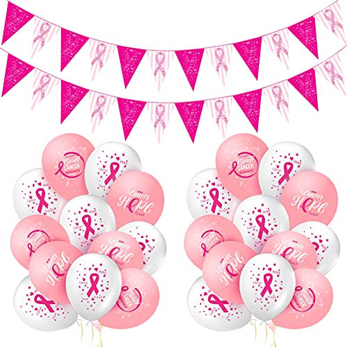 36 Ballons de Sensibilisation de Cancer Sein Ballons Latex Ruban Rose et 2 Pièces Bannière de Sensibilisation de Cancer Sein Bannière Fanion de Ruban Rose Bannière Espoir Foi Force Courage