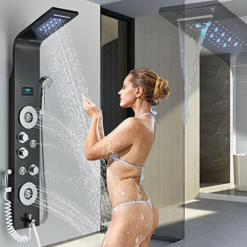Huin Système de tour de panneau de douche noir pluie LED, colonne de douche pulvérisateur à jets de corps de massage en cascade