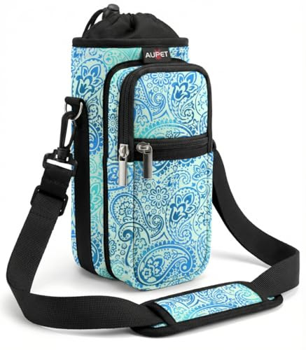 AUPET Soporte para botella de agua de 25/32/40/64 onzas, funda cruzada aislada para botella de agua con correa y bolsillos para hombres/mujeres, para caminar, senderismo, campamento (64 oz, pluma