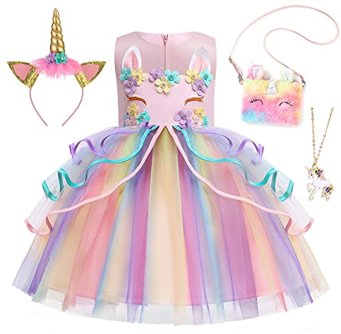 Emin Robe Licorne Enfant Fille Deguisement de Princesse Licorne avec Accessoires Robe de Princesse Noël Anniversaire Fête Halloween Carnaval Cosplay Costume