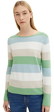 TOM TAILOR Damen 1033701 Basic Strickpullover, 32118 - Blue Green Knit Stripe, M