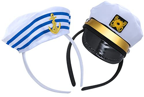 BEIMEIII 2 Stücke Matrosenhut Haarreif Weiß/Blau Marine Mütze Kapitänsmütze Sailor Hut für Karneval,Mottoparty