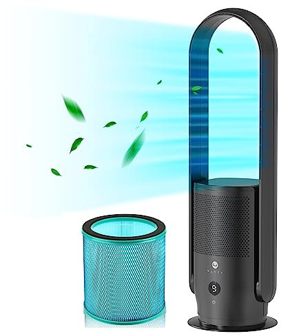ULTTY Bladeless Tower Fan and Air Purifier in one, Cooling Fan for Bedroom 90° Oscillating with HEPA Filter, Remote Control, 8h Timer, 11 Speeds, 80cm Bladeless Fan and Air Cleaner, CR022 Black