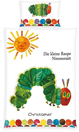 Herding Bettwäsche-Set für Kleinkinder, Raupe Nimmersatt Bettewäsche, Personalisiert mit Namen (Bestickt), 40 x 60 cm + 100 x 135 cm, 100% Baumwolle/Renforcé