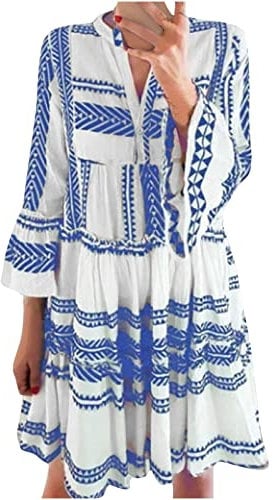 AMhomely Summer Dresses UK Party Elegant Spring and Casual V-Neck Three-Quarter Sleeve Buttons Print Dress Ladies Trendy Tunic Dresses for Vacation Cocktail Formal Work Wedding Activewear, 3 Blue